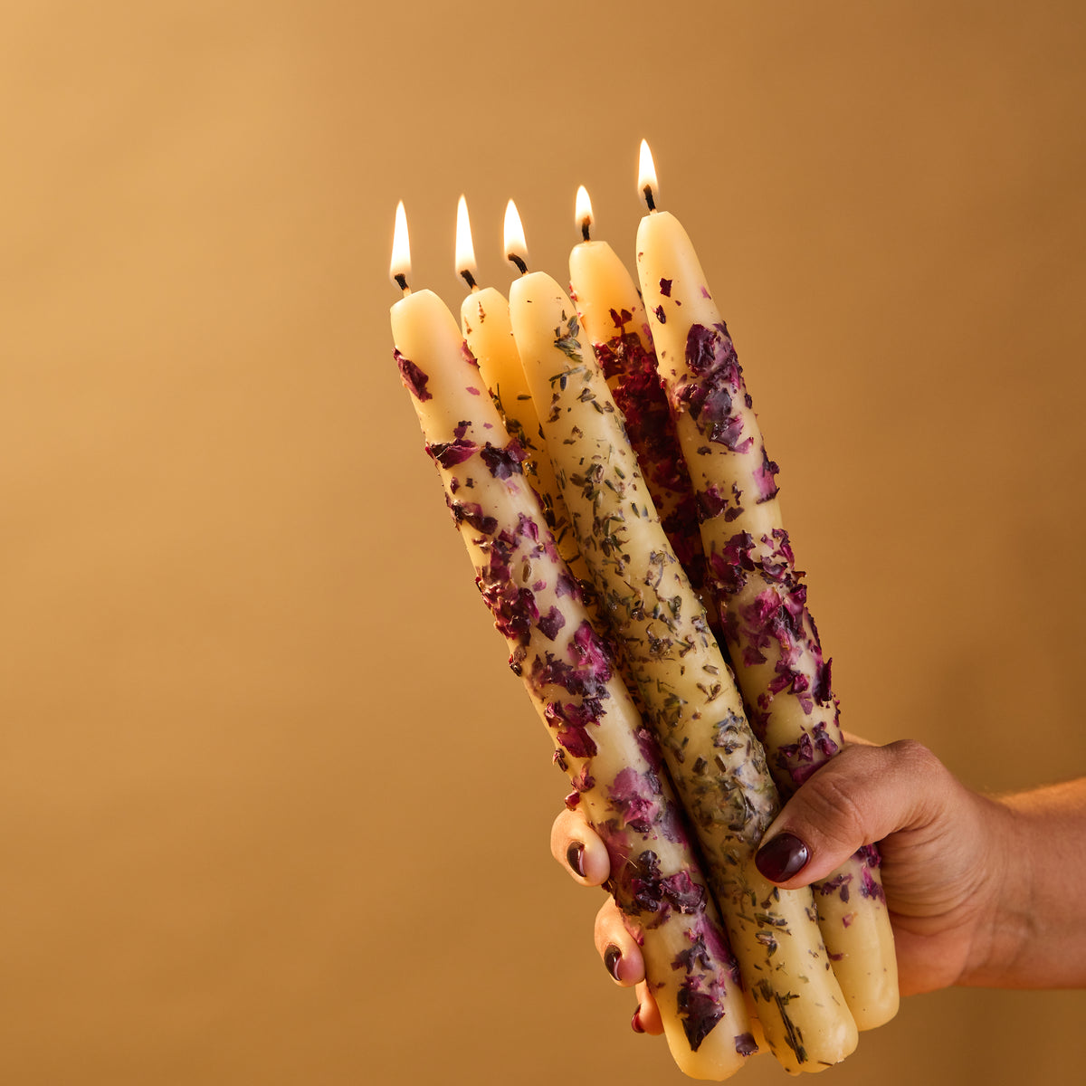 Hand Dipped Beeswax Taper Candle with Rose Petals