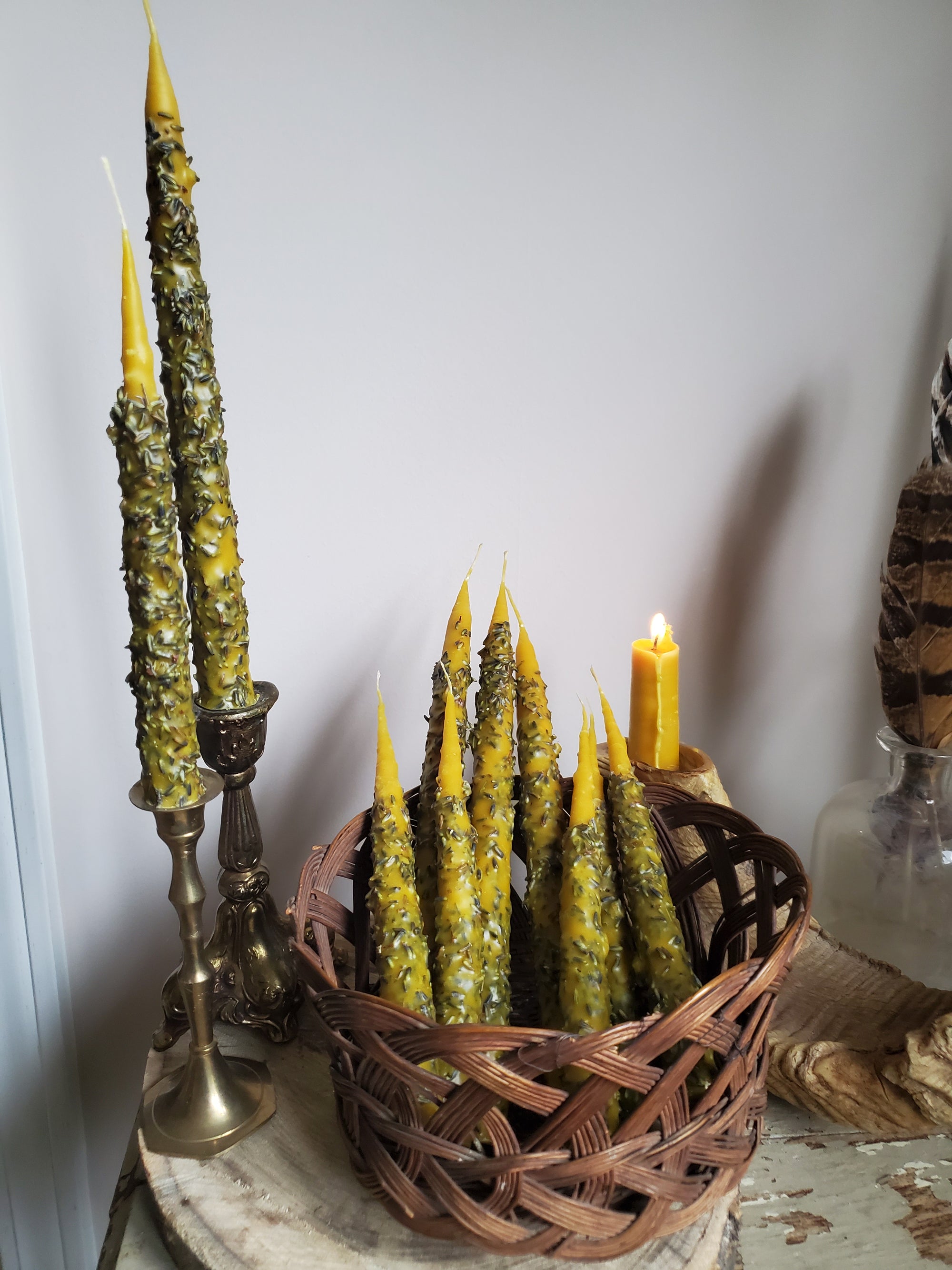 Hand Dipped Beeswax Taper Candle with Lavender Buds